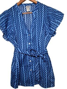 Vintage Y2K Route 66 Blouse L Blue Stripe Button Up Flutter Sleeve Lightweight